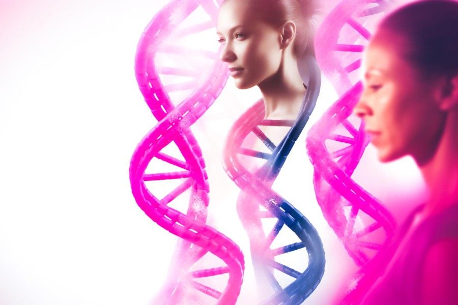 Ilustração de mulheres e fitas de DNA.